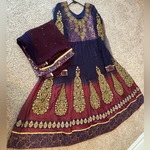Elegant Navy and Maroon Embroidered Dress